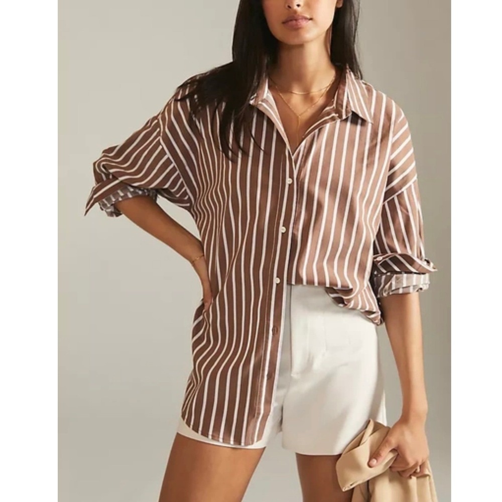 Favorite Daughter Ex Boyfriend Shirt XS Brown White Stripe Button Down Preppy